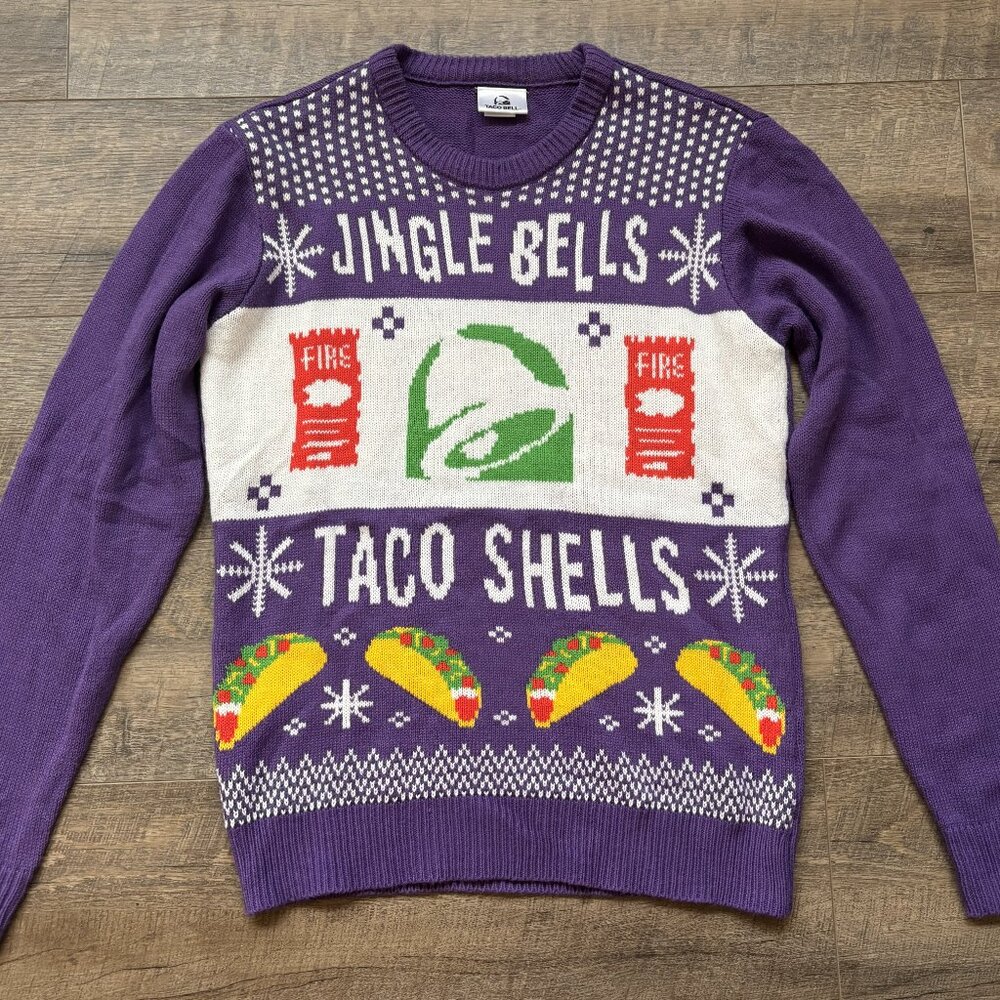 Men’s Taco Bell Jingle Bells Taco Shells Ugly Holiday Christmas Sweater SZ S M